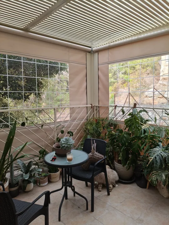 פינת ישיבה מתחת לפרגולה בהירה, לצד סגירה שקופה ועציצים — ענק הצל